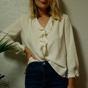 Ann Taylor White Blouse Button Up Ruffle Sexy Top